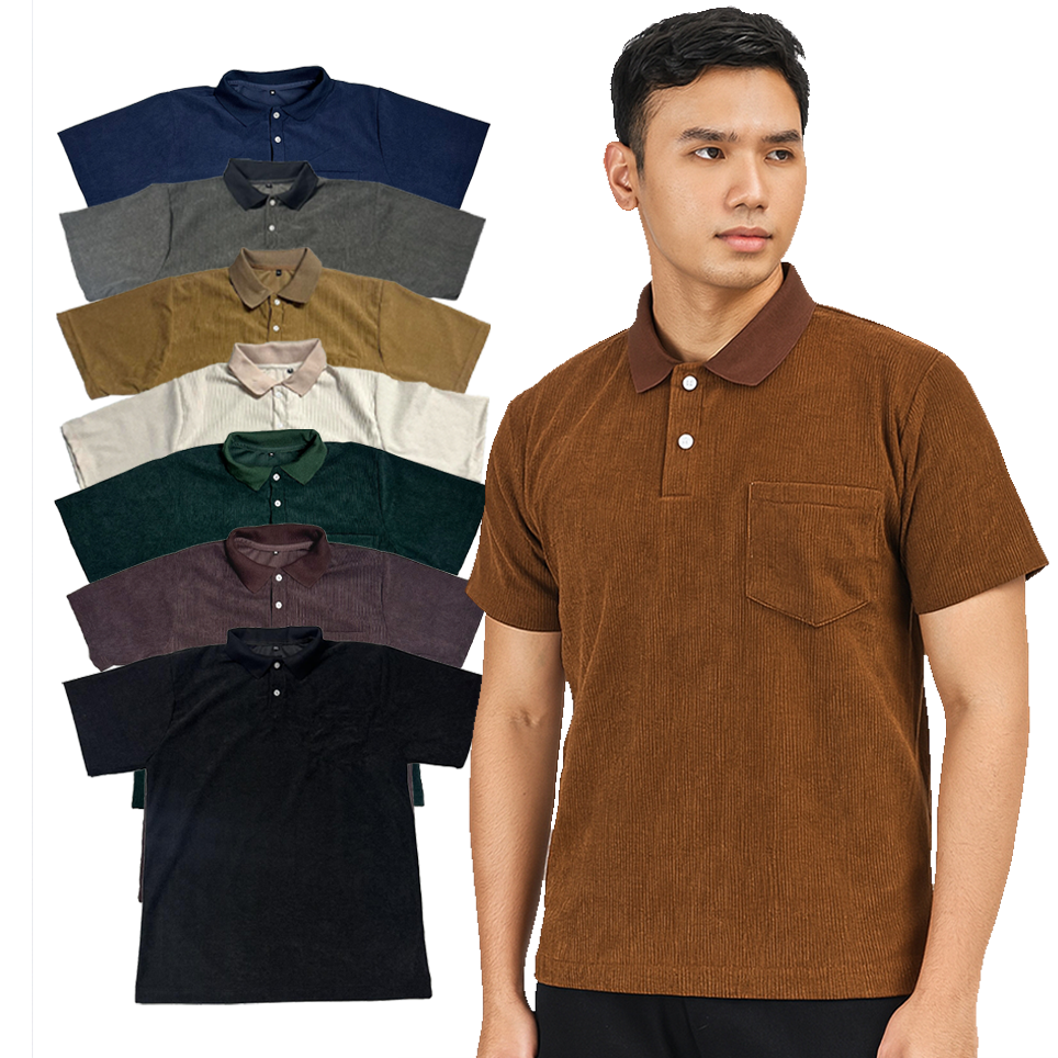 Corduroy Short Sleeve Polo Shirt w/ pocket